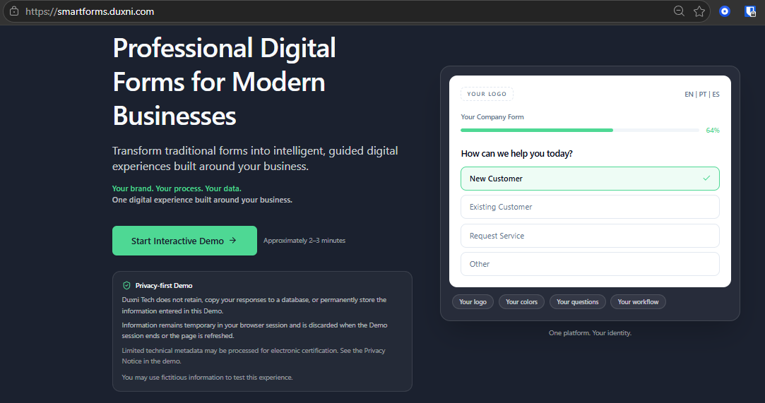 SmartForms product interface with a guided digital form
